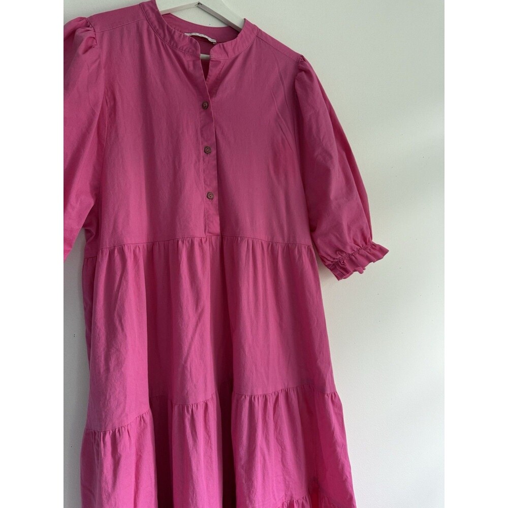 ✿ KARLIE Tiered Maxi Dress Hot Pink Puff Sleeve Cotton Poplin Size Unknown